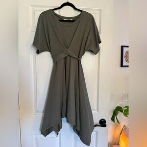 Army Green Asymmetrical Hem Dress | Short Sleeve Belted Tunic